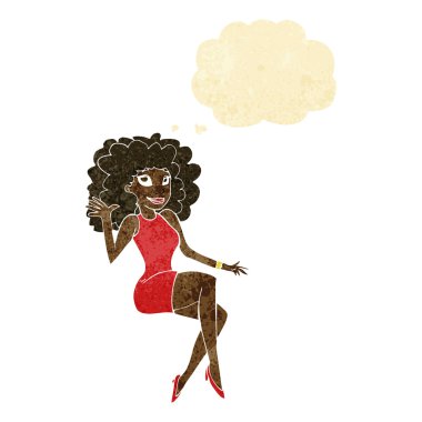 düşünce balonu ile sallayarak karikatür oturan kadın