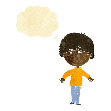 Düşünce baloncuğuyla omzunun üstünden bakan şüpheli bir adam.