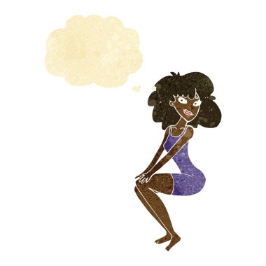 Düşünce baloncuklu bir kadın oturuyordu.