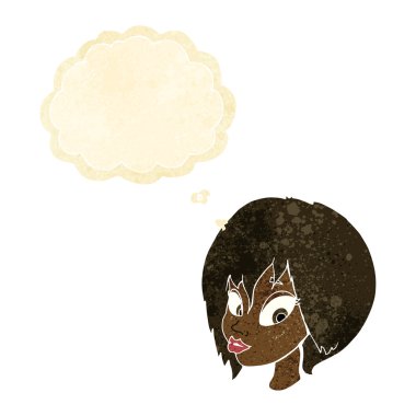 Düşünce baloncuğuyla somurtan güzel kadın yüzü.