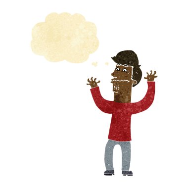 Düşünce baloncuklu sinirli bir adam.