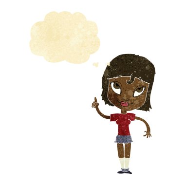 Düşünce baloncuğu olan çizgi film kadını.