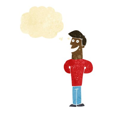Düşünce baloncuğu ile sırıtan çizgi film adamı.