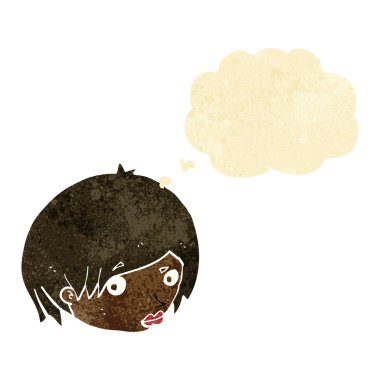 Düşünce kabarcığı olan kaşlarını kaldırmış kadın yüzü.