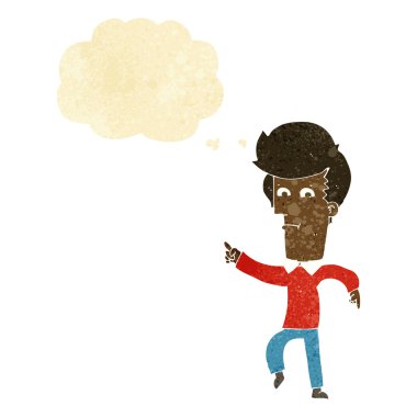 Çizgi film adamı düşünce balonunu işaret ediyor.