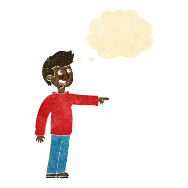 çizgi film mutlu adam düşünce balonuyla işaret ve gülüyor