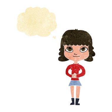 Düşünce baloncuğu olan mutlu çizgi film kadını