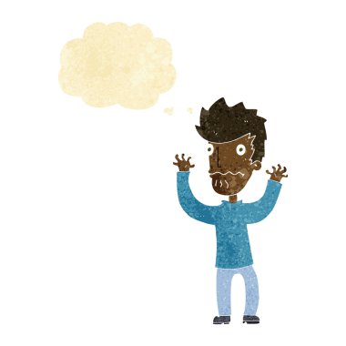 Düşünce baloncuğu olan korkmuş bir adam.