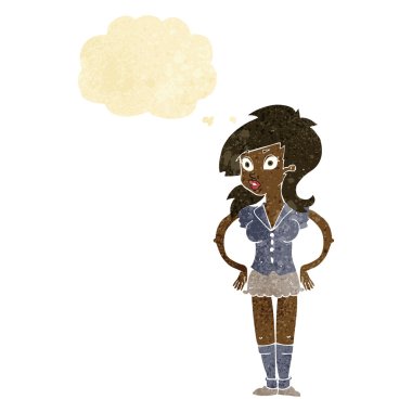 Düşünce baloncuğu olan güzel bir kadın.