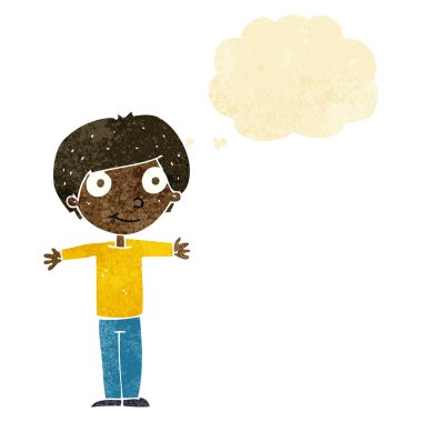 Düşünce baloncuğuyla kollarını açmış mutlu çocuk çizgi filmi.