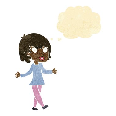 Düşünce baloncuğuyla kollarını açmış çizgi film kadını.