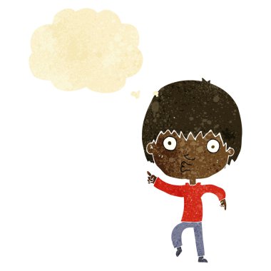 çizgi film etkilenmiş çocuk düşünce balonunu işaret ederek