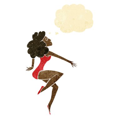 Düşünce baloncuğu olan dans eden kadın.