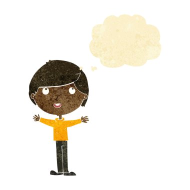 Düşünce baloncuğu olan mutlu çocuk.