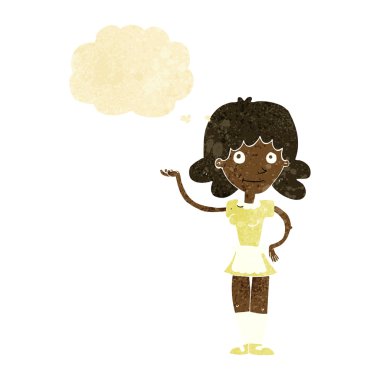 Düşünce kabarcığı olan çizgi film kızı.