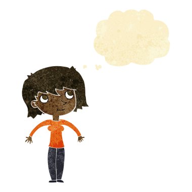 Çizgi filmdeki kadın düşünce balonuyla omuz silkiyor.