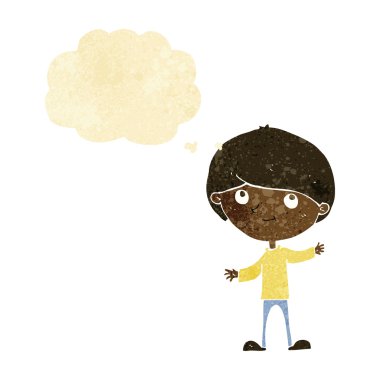 Düşünce baloncuğu olan mutlu çocuk.