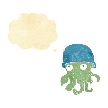 Düşünce baloncuklu şapka takan uzaylı kafası.