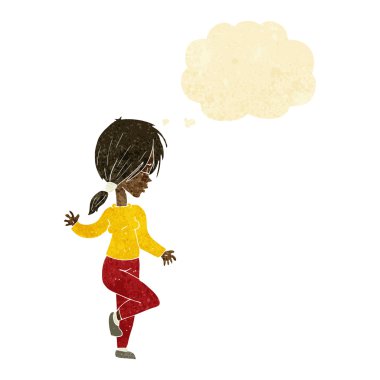 Düşünce baloncuğuyla dans eden çizgi film kızı.