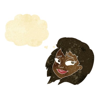 Düşünce baloncuklu mutlu kadın yüzü