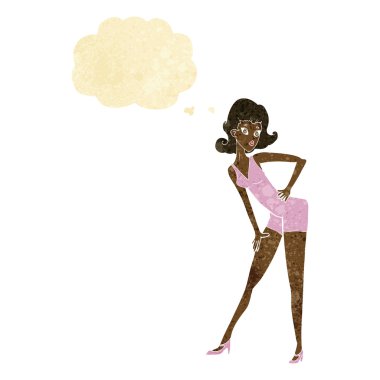 Karikatür mankeni kadın düşünce baloncuğu ile poz