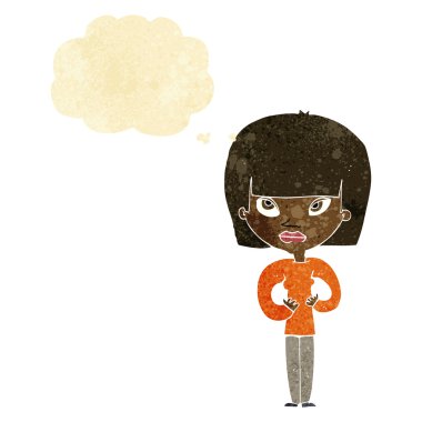 Düşünce baloncuğuyla kendine el kol hareketi yapan çizgi film kadını.