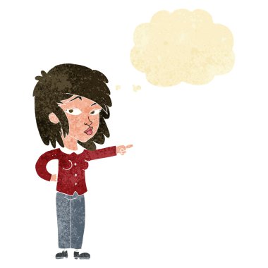 Çizgi film kadını düşünce balonunu işaret ediyor.