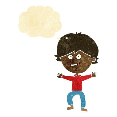 çizgi film mutlu çocuk düşünce baloncuğuyla gülüyor