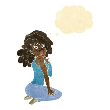 Düşünce baloncuğuyla poz veren çizgi film kadını