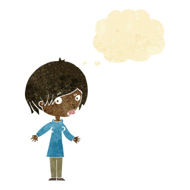 Çizgi filmdeki kadın düşünce balonuyla omuz silkiyor.