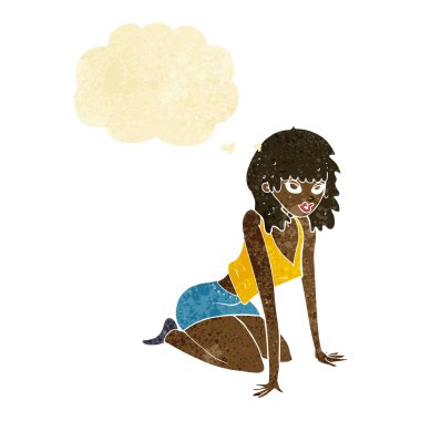 Düşünce baloncuğuyla seksi poz veren çizgi film kadını.