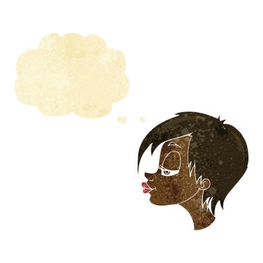 Düşünce baloncuğu olan güzel bir kadın.