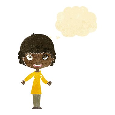 Düşünce baloncuğu olan mutlu çizgi film kadını