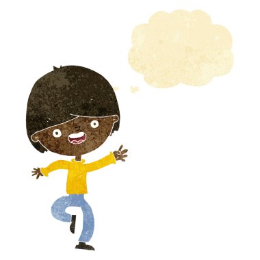 Düşünce baloncuğuyla dans eden mutlu çocuk.