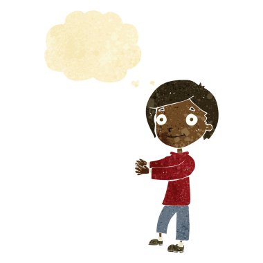 Düşünce baloncuğu olan mutlu çocuk.