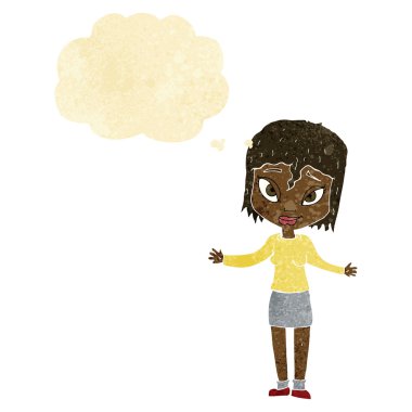 Çizgi filmdeki kadın düşünce balonuyla omuz silkiyor.