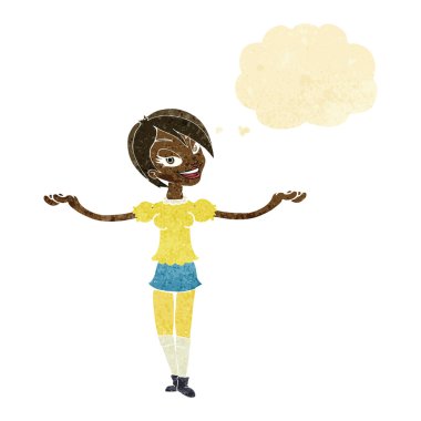 Çizgi filmdeki kadın düşünce baloncuğuyla kollarını açıyor.