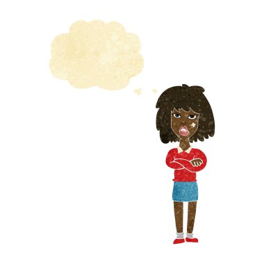 Düşünce baloncuğu ile kollarını kavuşturmuş sert kadın çizgi filmi.