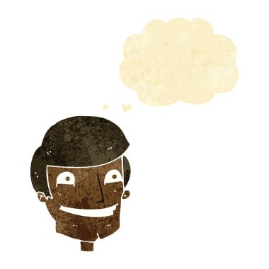 Düşünce baloncuğu ile sırıtan çizgi film adamı.