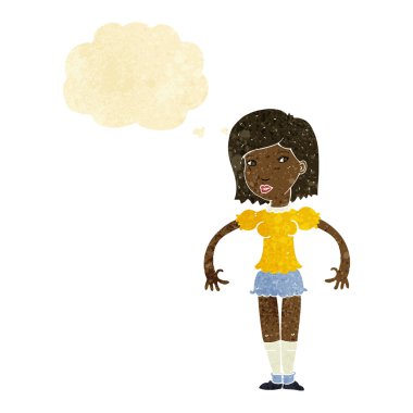 Düşünce baloncuğuyla yan bakan çizgi film kadını.