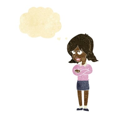 Düşünce baloncuğu olan kızgın bir kadın.