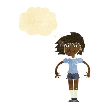 Düşünce baloncuğu olan mutlu çizgi film kadını