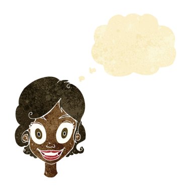 Düşünce baloncuğu olan mutlu çizgi film kadını