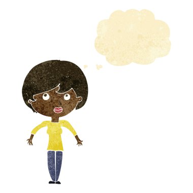 Çizgi filmdeki kadın düşünce balonuyla omuz silkiyor.