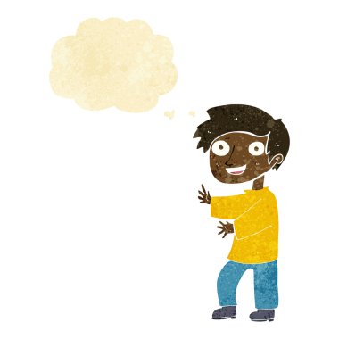 Düşünce baloncuğu olan heyecanlı çocuk.