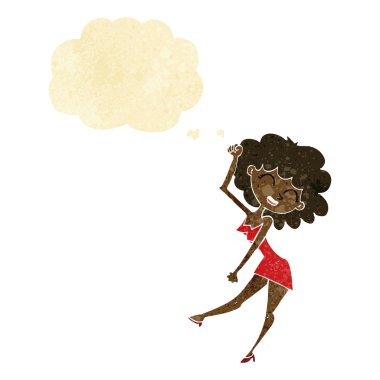 Düşünce baloncuğu olan dans eden kadın.