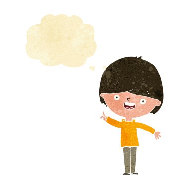 Düşünce baloncuğu olan mutlu çocuk.