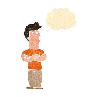 Düşünce baloncuğu ile kollarını kavuşturmuş çizgi film adamı.