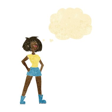 Düşünce baloncuğu olan yetenekli kadın.