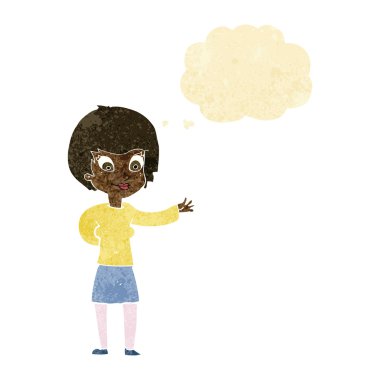 Düşünce baloncuğu olan karikatür kadını karşılıyor.